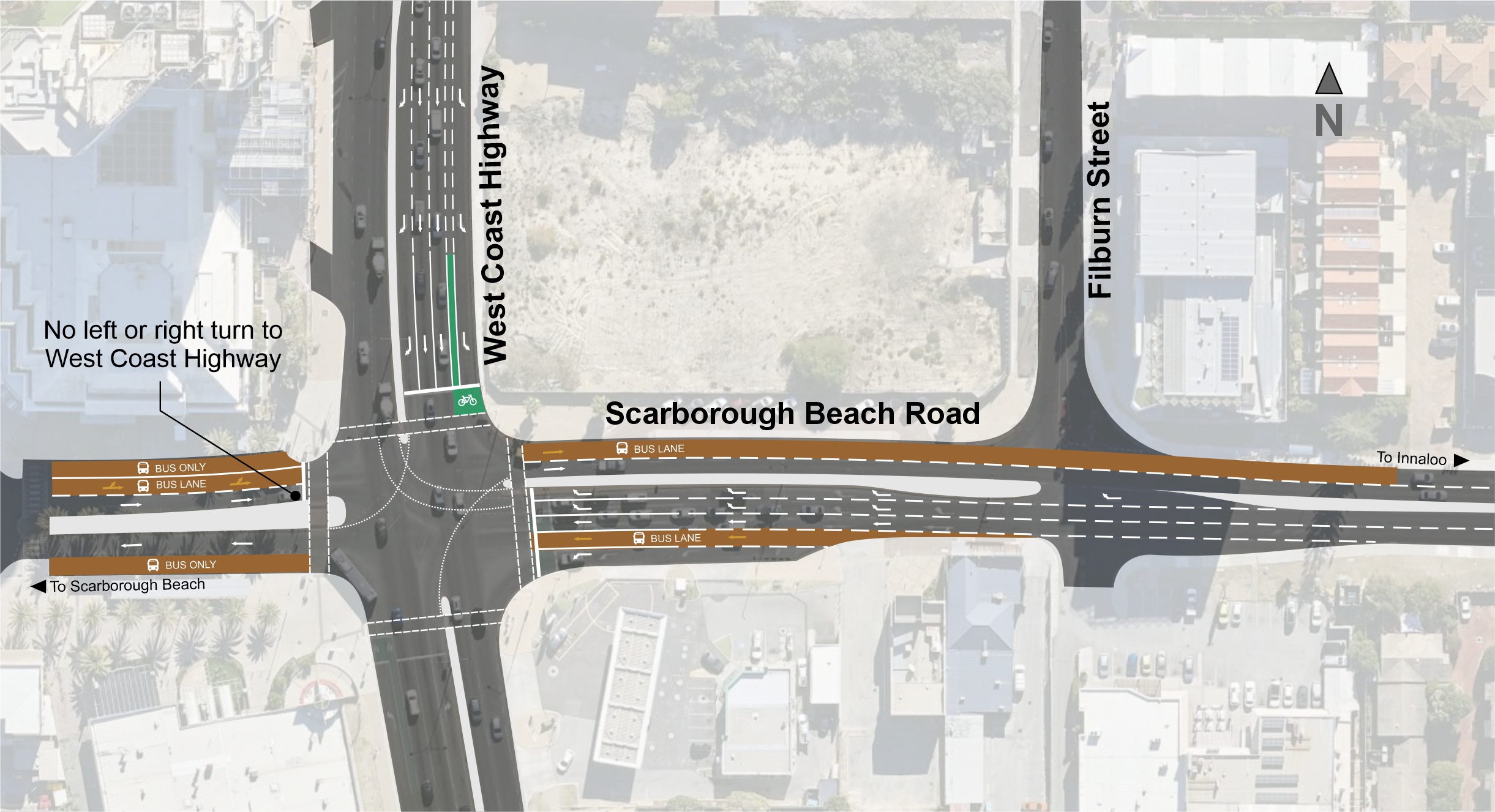 Map showing the final configuration of the Scarborough Beach Road and West Coast Highway intersection